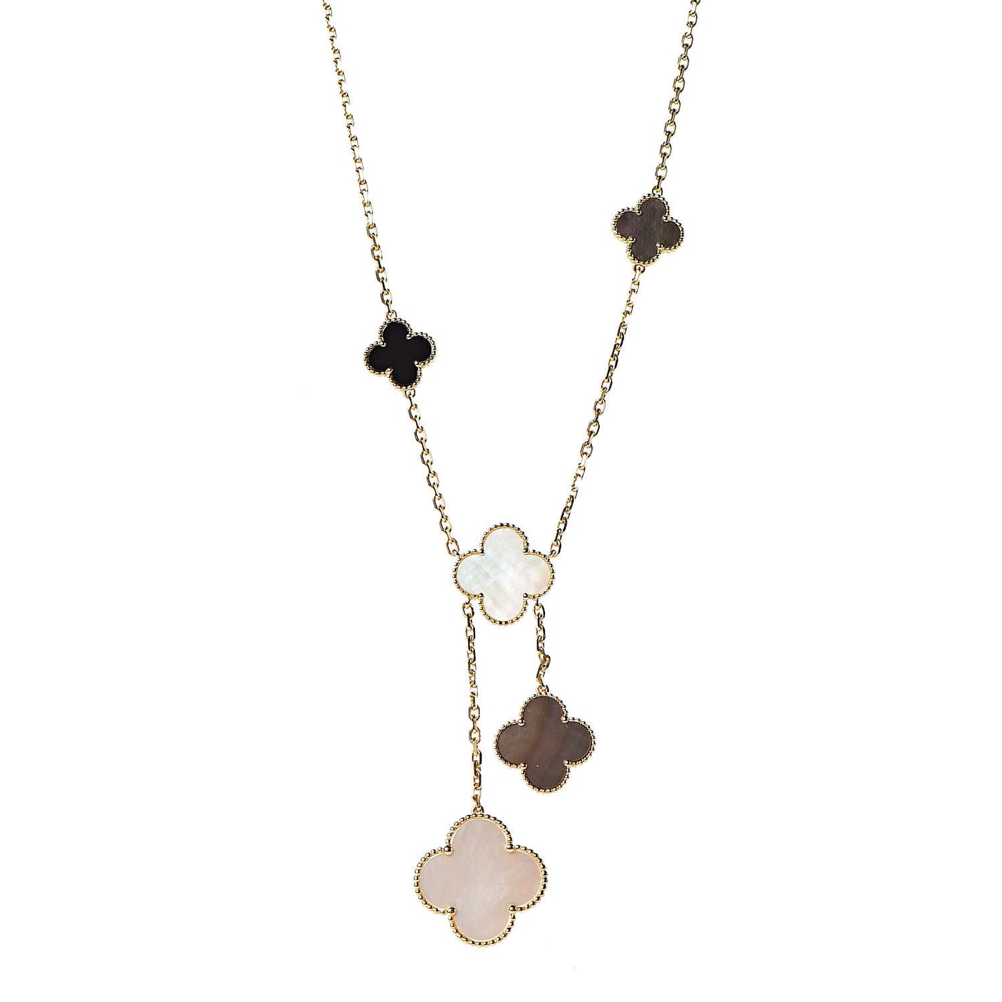 18K Yellow Gold Mother of Pearl Onyx 6 Motifs Magic Alhambra Necklace