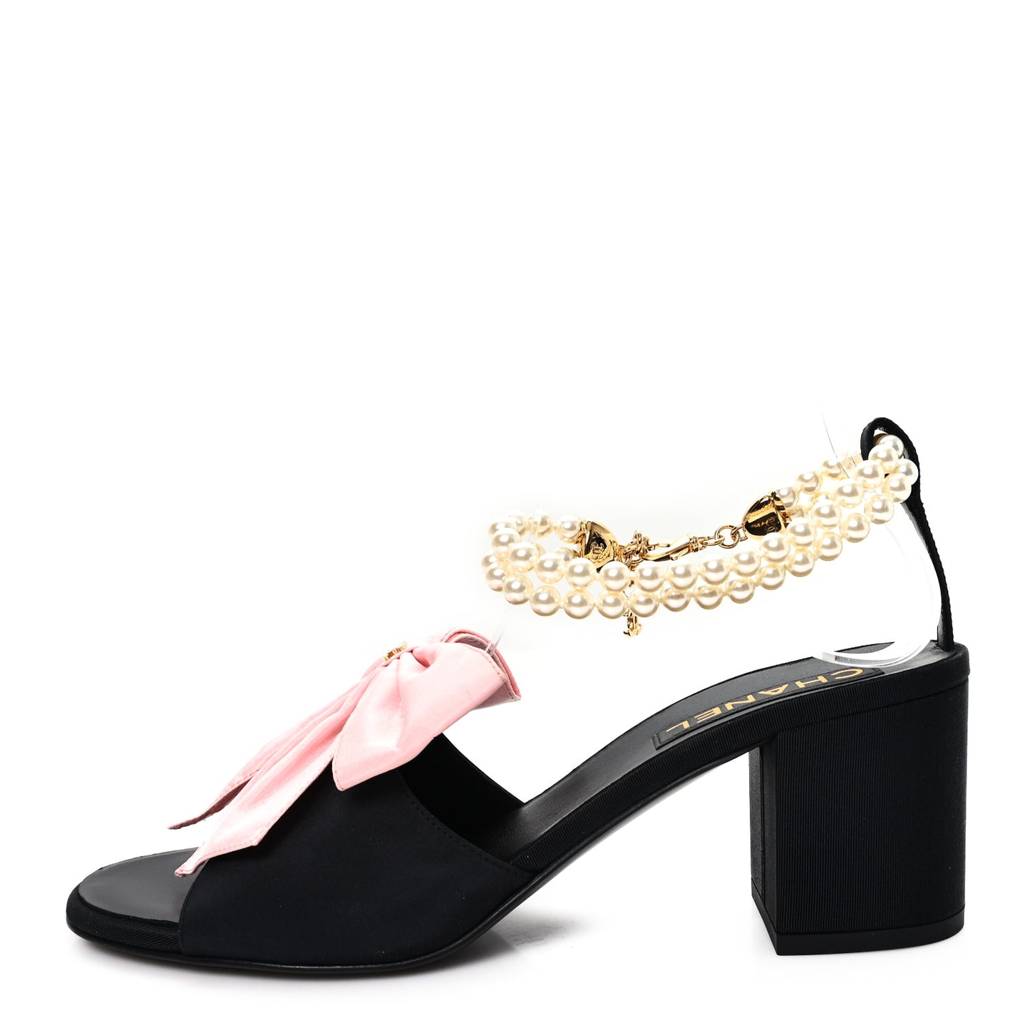 Silk Pearl Bow CC Ankle Strap Sandals 39.5 Pink Black
