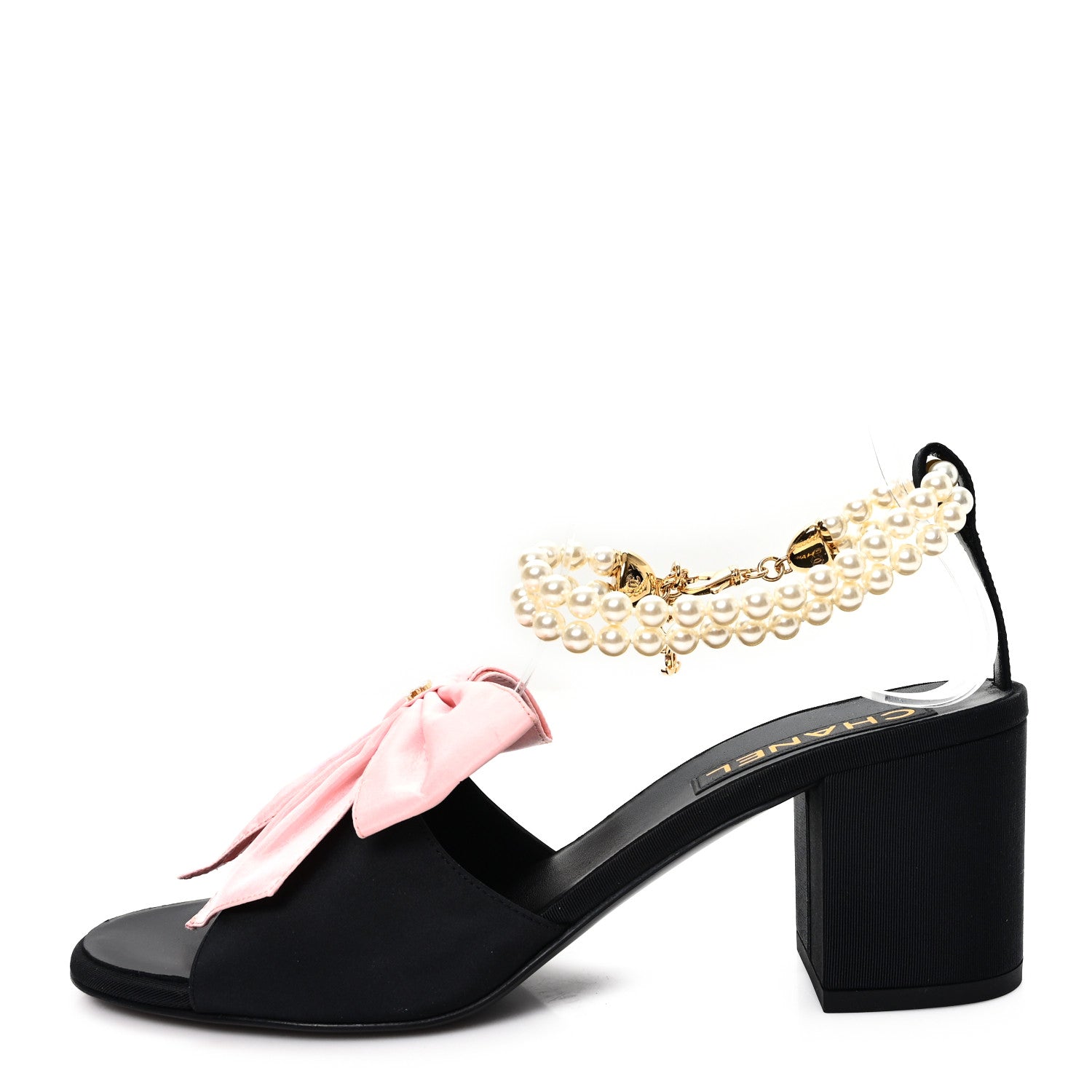 Chanel Silk Pearl Bow CC Ankle Strap Sandals 39.5 Pink Black 1 of 10