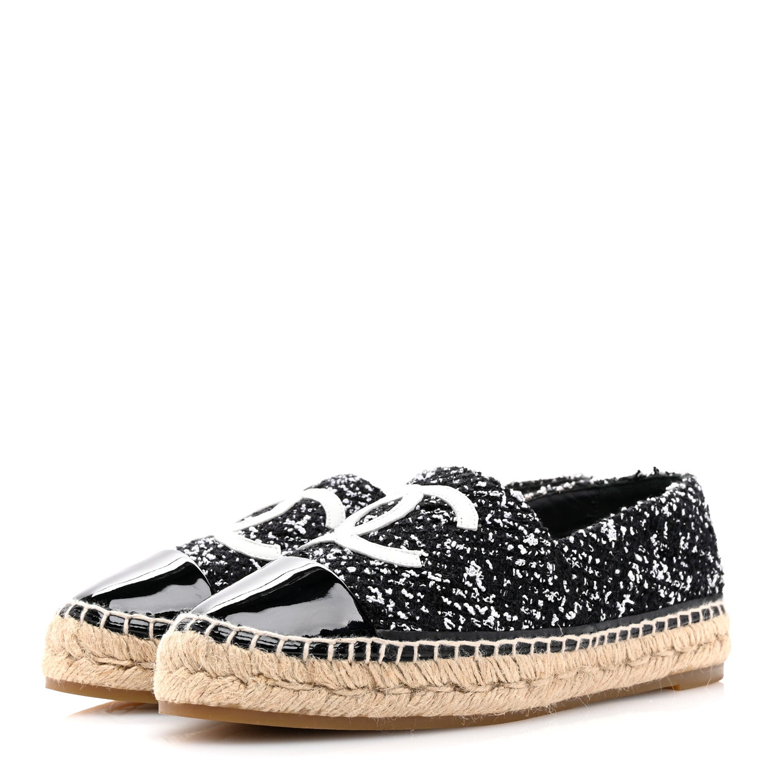 Chanel Tweed Lambskin Patent CC Espadrilles 39 Black White 3 of 10