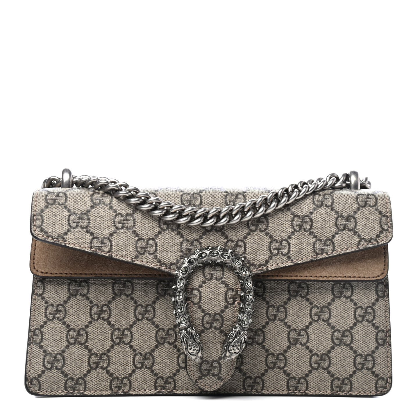 GG Supreme Monogram Suede Crystal Small Dionysus Shoulder Bag Beige Ebony Taupe