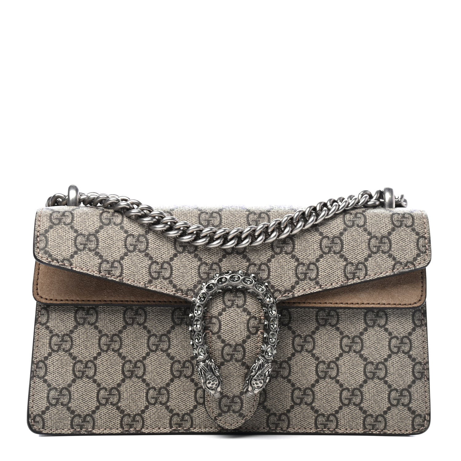 Gucci GG Supreme Monogram Suede Crystal Small Dionysus Shoulder Bag Beige Ebony Taupe 1 of 4