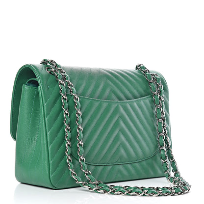 Chanel Caviar Chevron Quilted Jumbo Double Flap Green 3 of 13