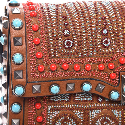 Valentino Garavani Calfskin Embroidered Medium Guitar Strap Rockstud Rolling Flap Saddle Bag Light Cuir 8 of 9
