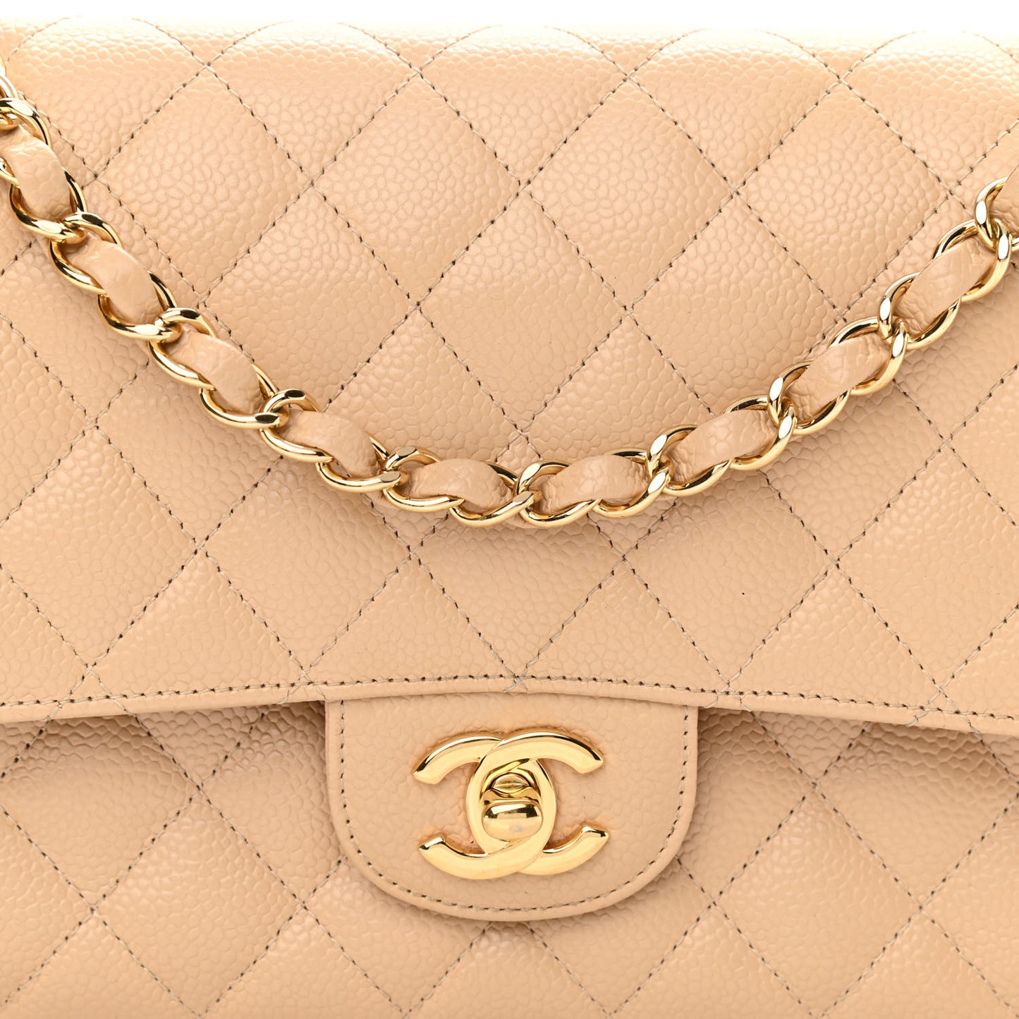 Caviar Quilted Medium Double Flap Beige