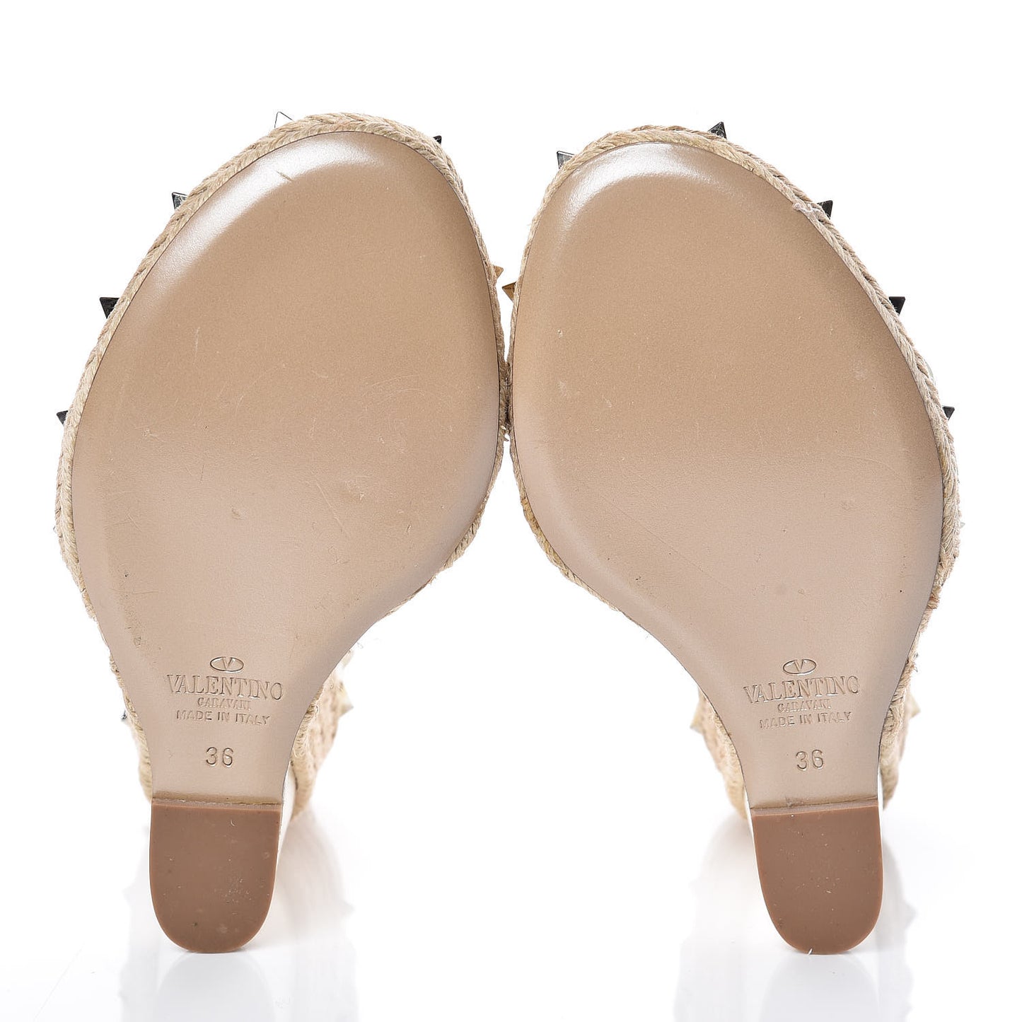 Raffia Calfskin Rockstud T-Strap Espadrille Wedge Sandals 36 White