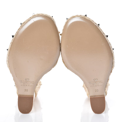 Valentino Garavani Raffia Calfskin Rockstud T-Strap Espadrille Wedge Sandals 36 White 5 of 12
