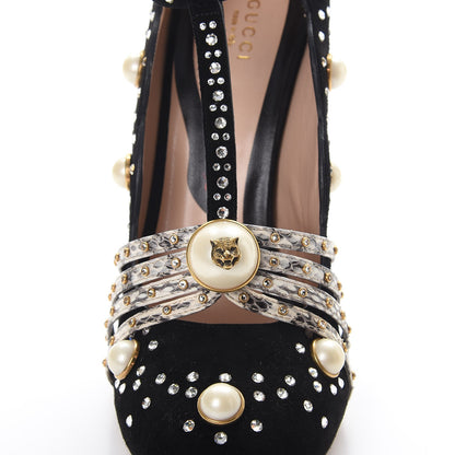Gucci Suede Snakeskin Pearl Studded Ofelia Pumps 41 Nero Black 7 of 11