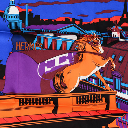 Hermes Silk Minuit Au Faubourg Scarf 70 Emeraude Bleu Dur Orange 1 of 5
