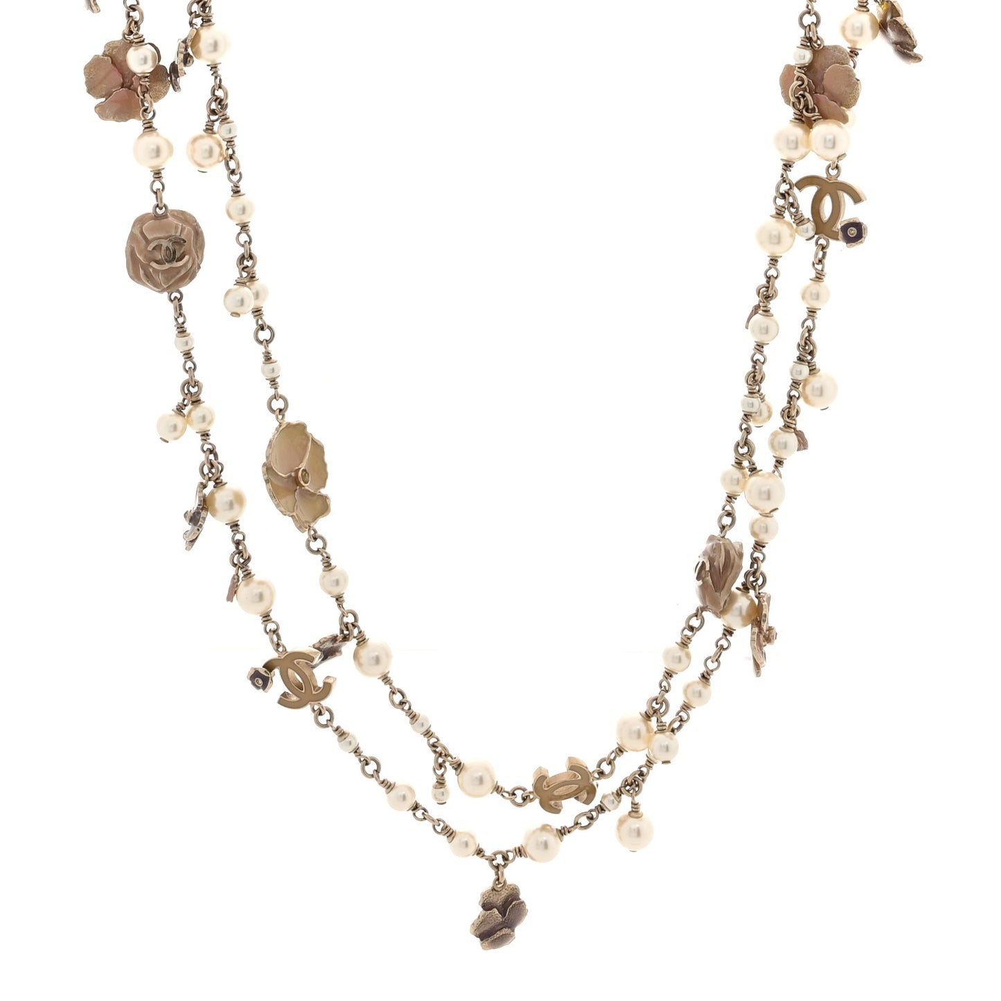 Pearl Enamel CC Camellia Long Necklace Gold Beige Pink
