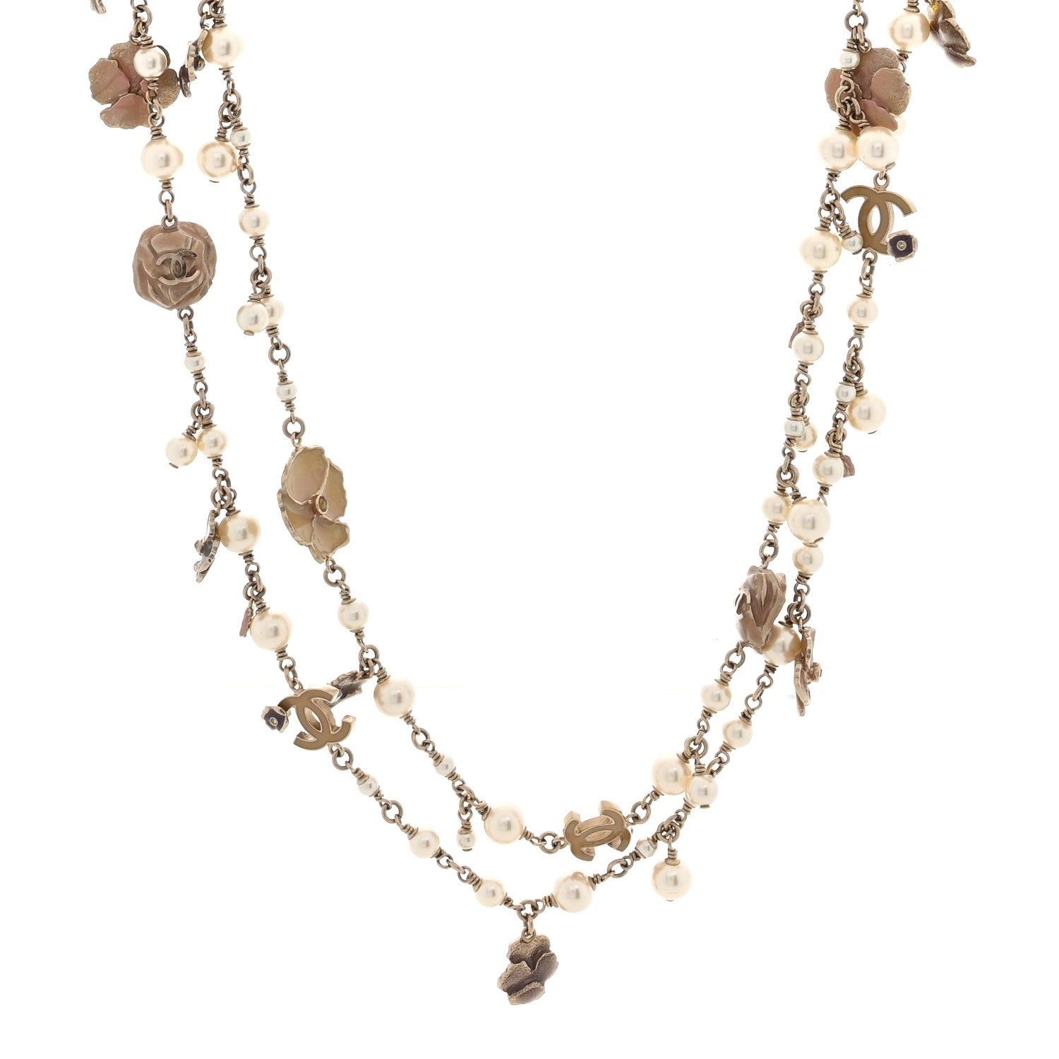 Chanel Pearl Enamel CC Camellia Long Necklace Gold Beige Pink 1 of 4