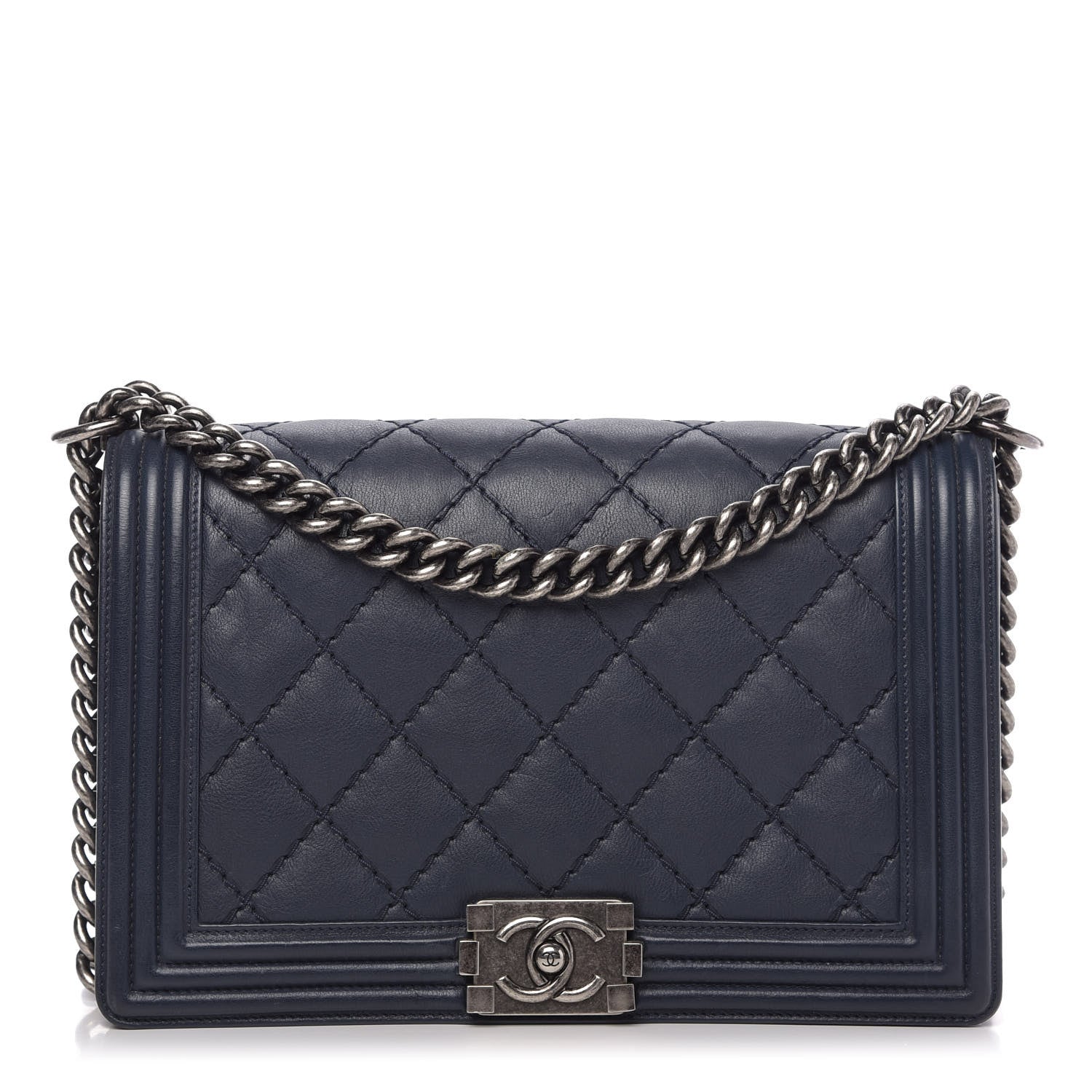 Chanel Calfskin Double Stitch New Medium Boy Flap Navy Blue 1 of 9