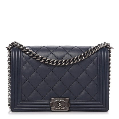 Chanel Calfskin Double Stitch New Medium Boy Flap Navy Blue 1 of 9