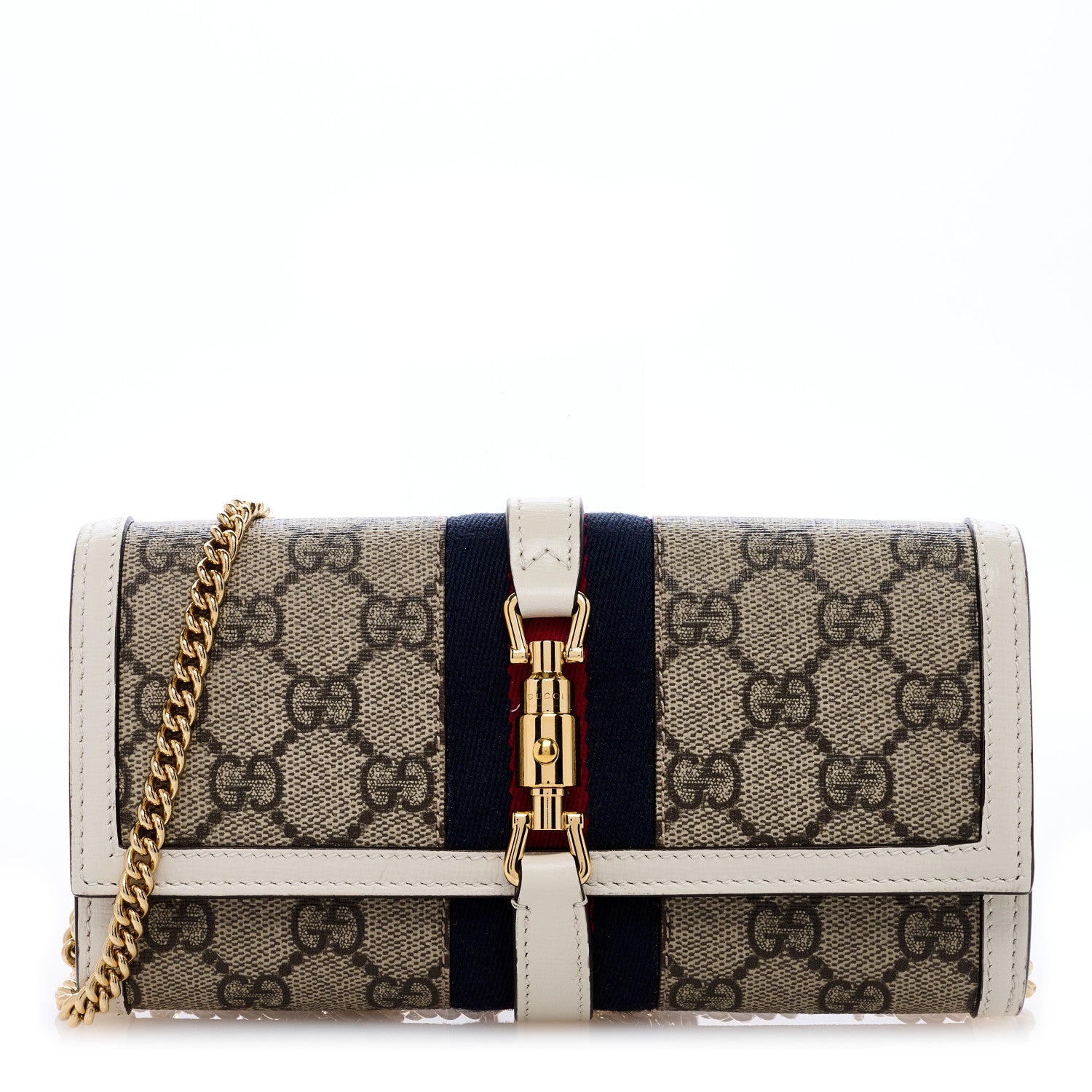 Gucci GG Supreme Monogram Textured Calfskin Web Jackie 1961 Chain Wallet Beige Ebony Mystic White 1 of 7
