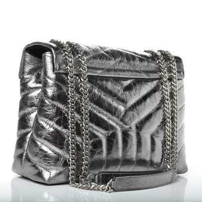 Saint Laurent Metallic Calfskin Y Quilted Monogram Small Loulou Chain Satchel Acciaio 3 of 10