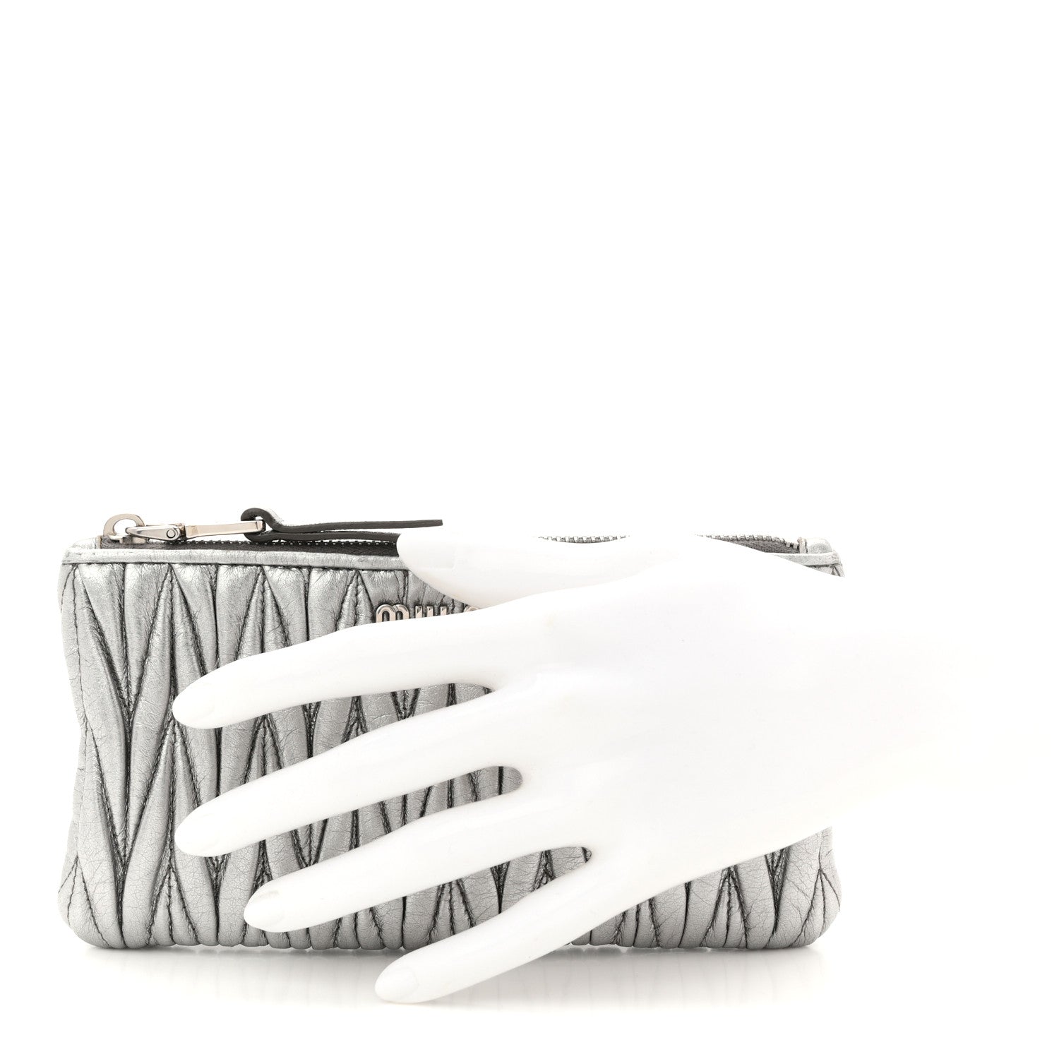 Miu Miu Metallic Nappa Matelasse Quilted Zip Wallet Silver 1841644