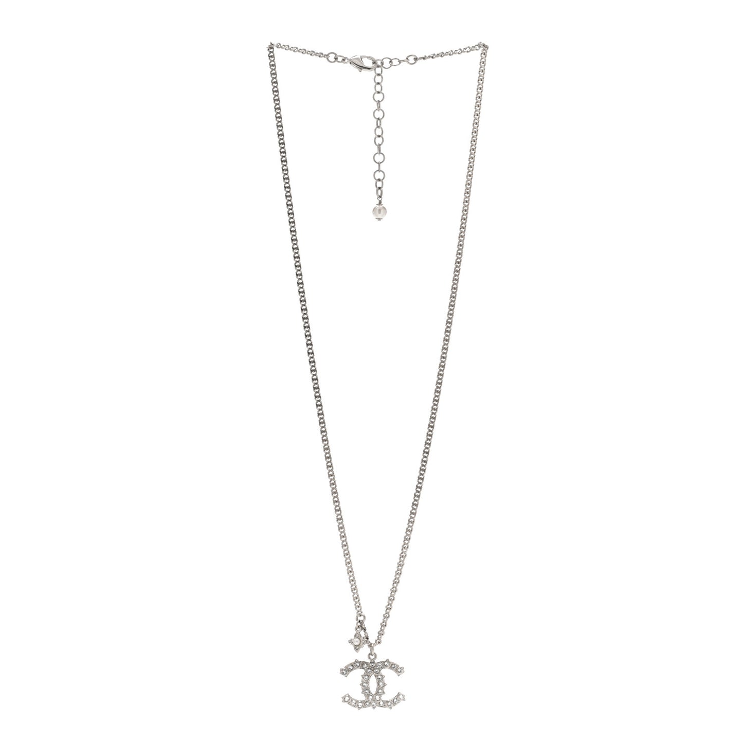 Pearl Crystal CC Pendant Necklace Silver