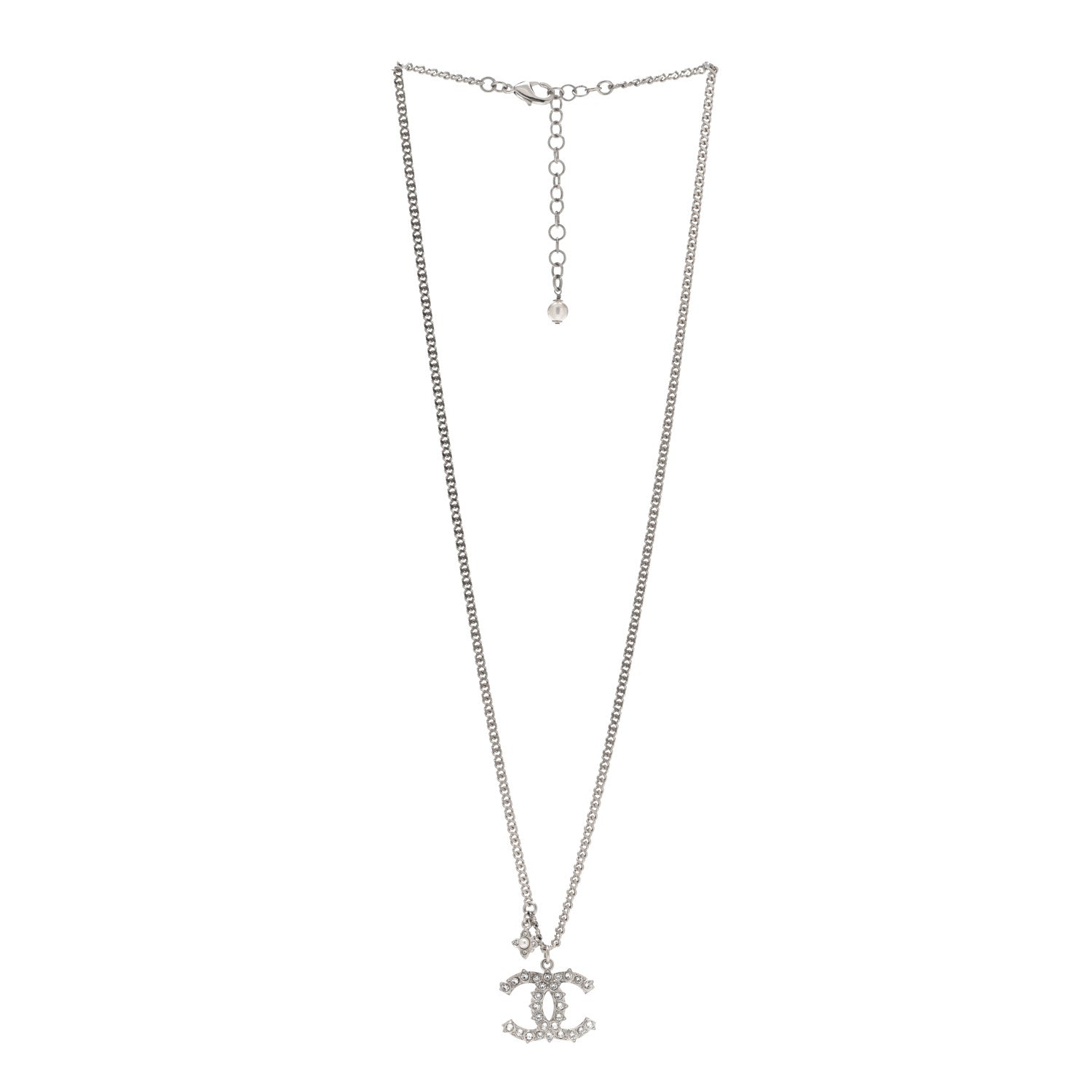 Chanel Pearl Crystal CC Pendant Necklace Silver 3 of 6
