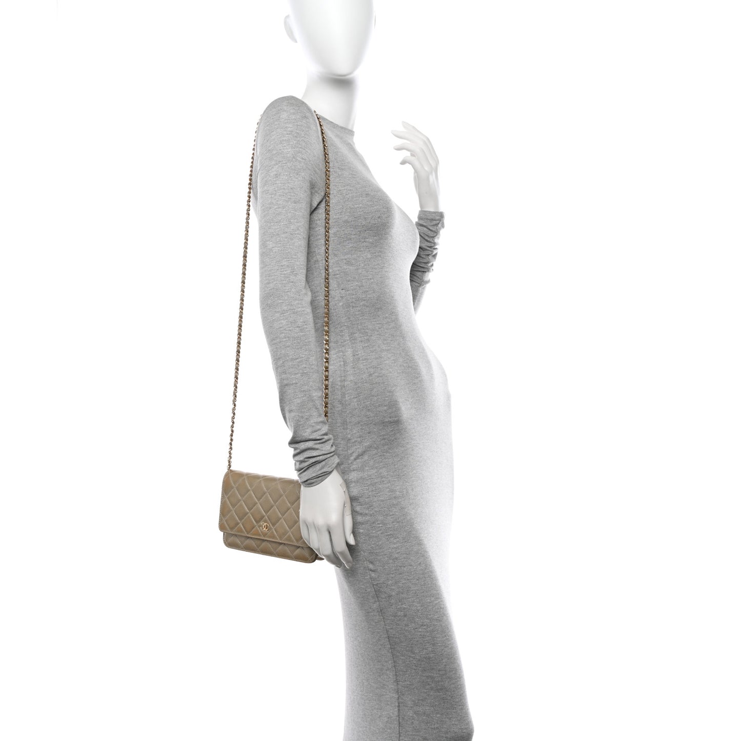 Metallic Caviar Quilted Wallet On Chain WOC Light Gold