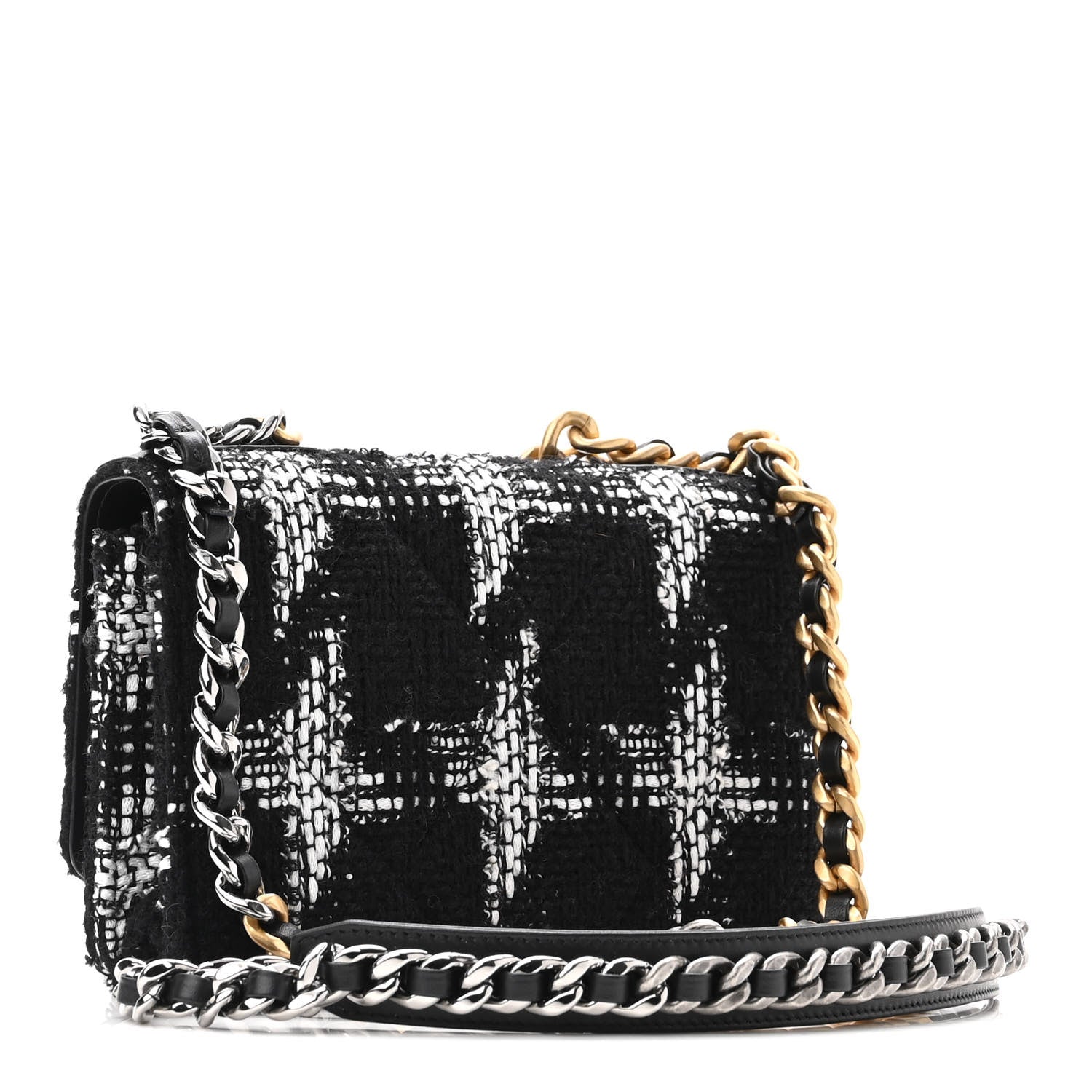 Chanel Tweed Quilted Chanel 19 Wallet On Chain WOC Black White 3 of 12