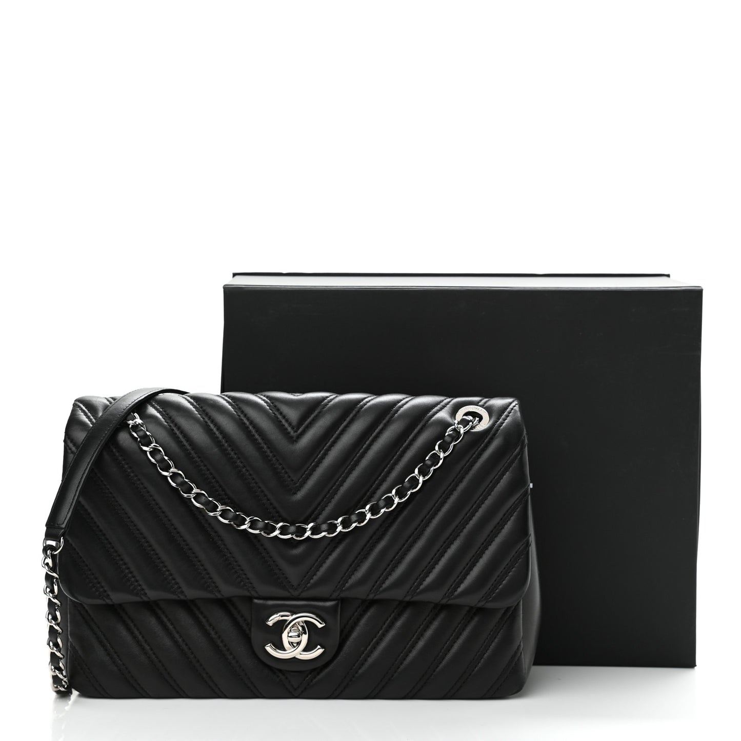 Lambskin Chevron Quilted Double Stitch Jumbo Single Flap Black