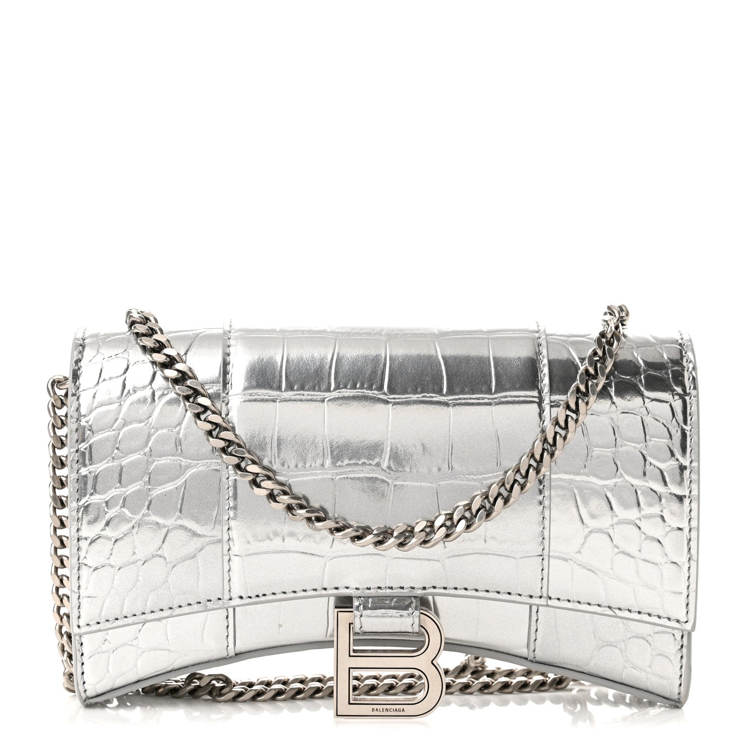 Balenciaga Metallic Calfskin Crocodile Embossed Hourglass Chain Bag Silver 1 of 8