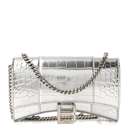 Balenciaga Metallic Calfskin Crocodile Embossed Hourglass Chain Bag Silver 1 of 8