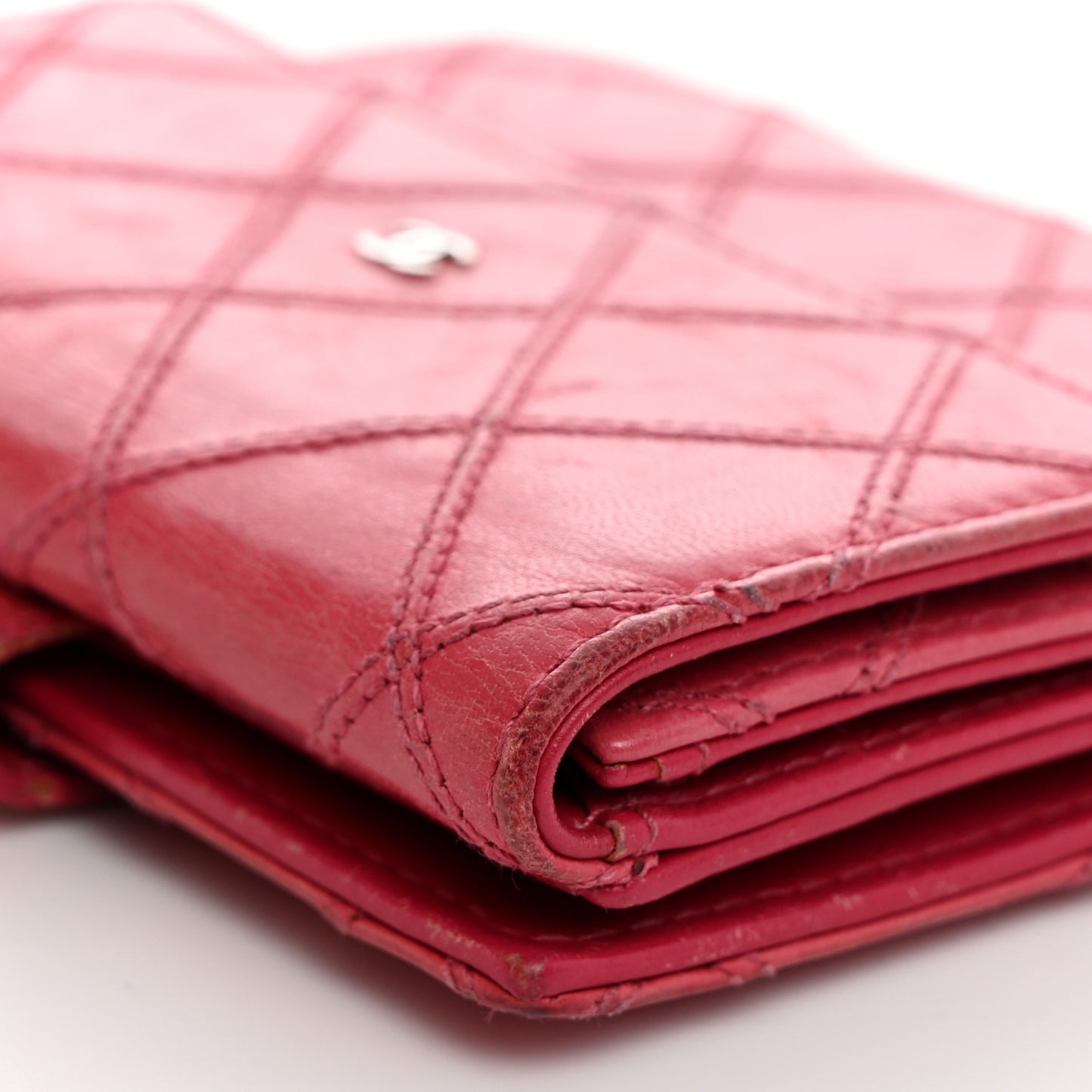 Calfskin Diamond Stitch Compact French Flap Wallet Pink