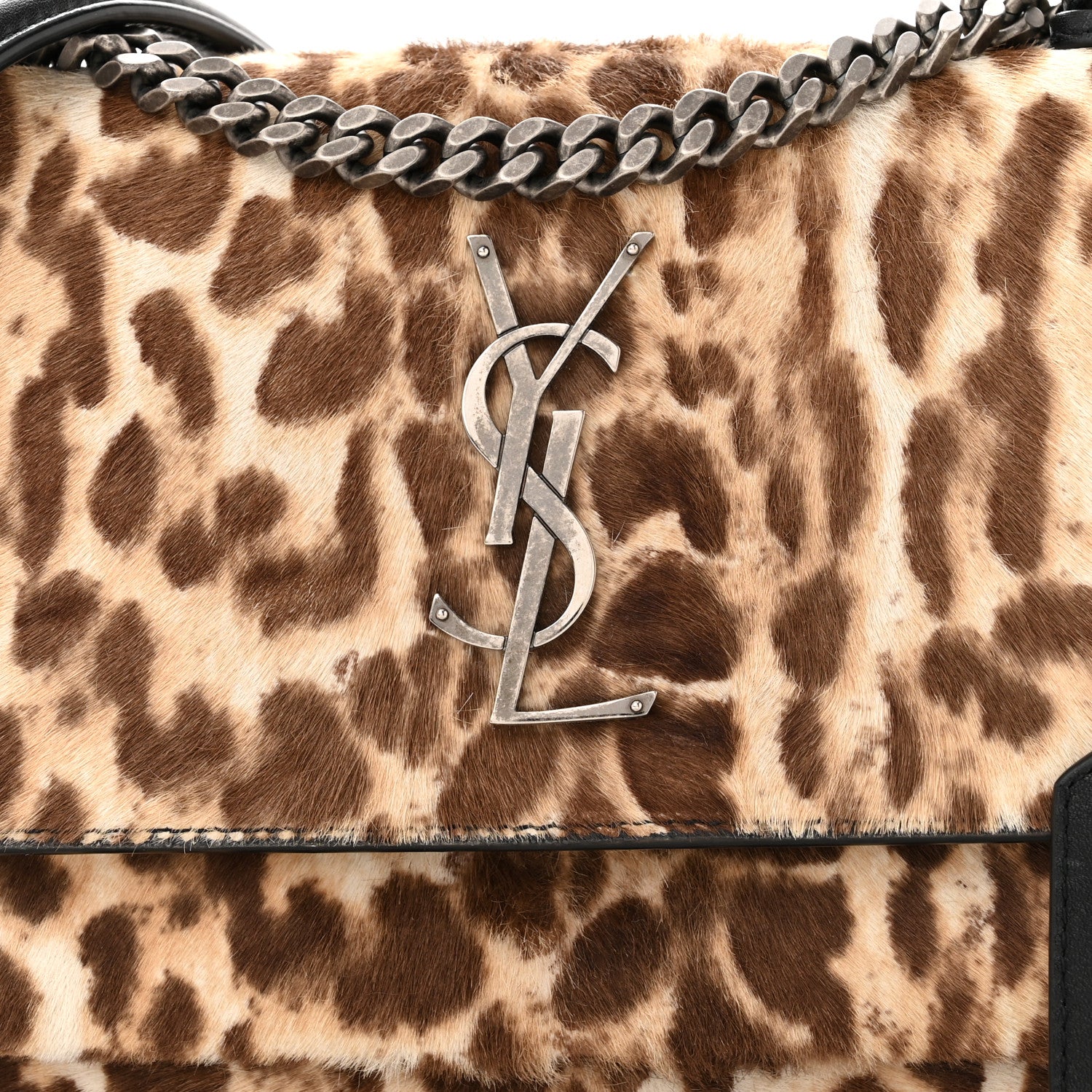 Saint Laurent Calf Hair Leopard Print Monogram Small Sunset Chain Wallet Natural Black 8 of 13