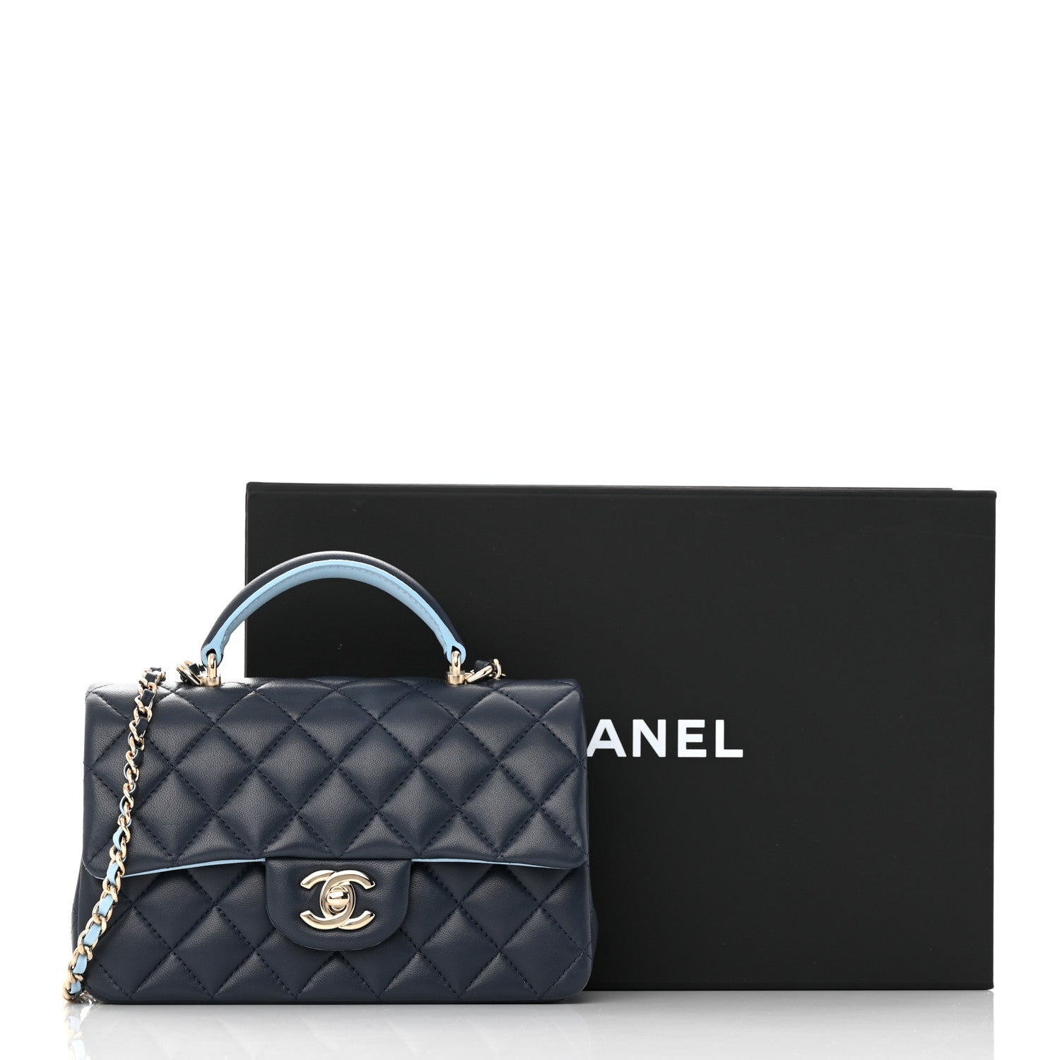 Chanel Lambskin Quilted Bi-Color Mini Top Handle Rectangular Flap Navy Blue Light Blue 12 of 12