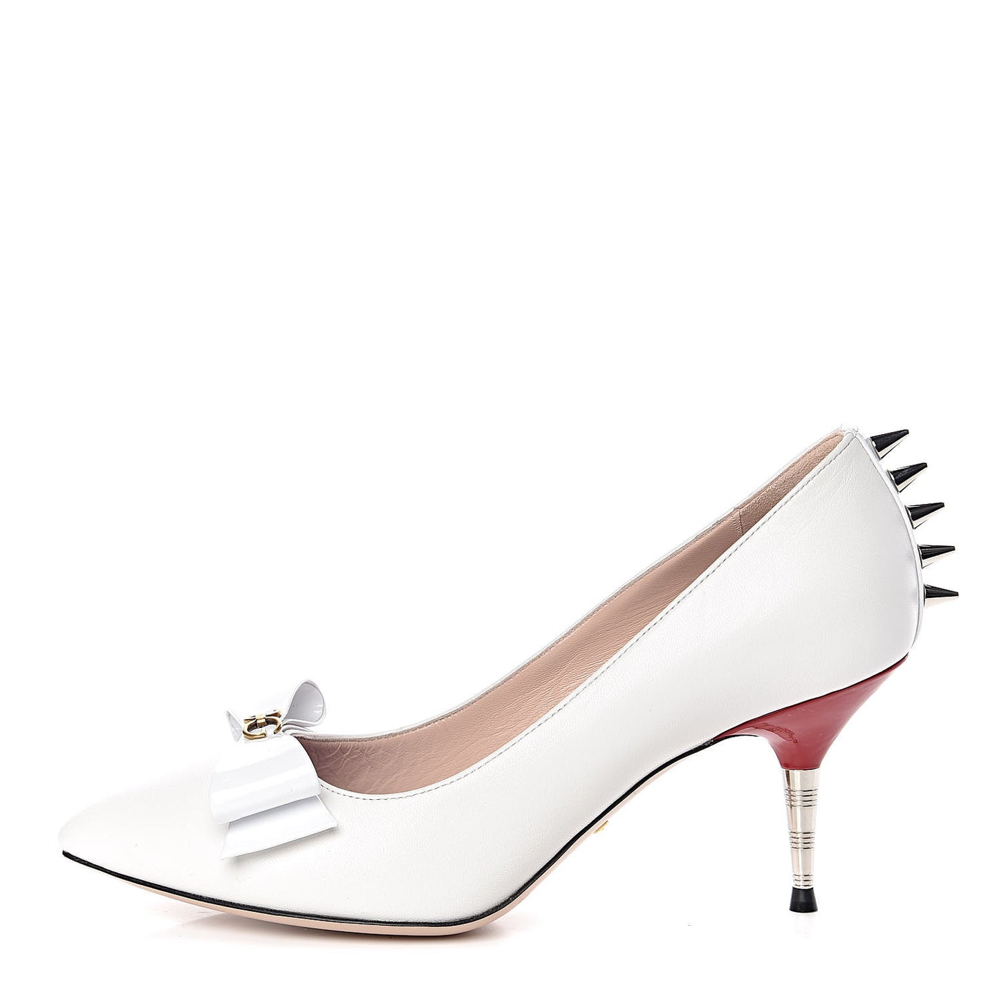 Calfskin GG Bow Sadie Spike Mid Heel Pumps 36.5 White