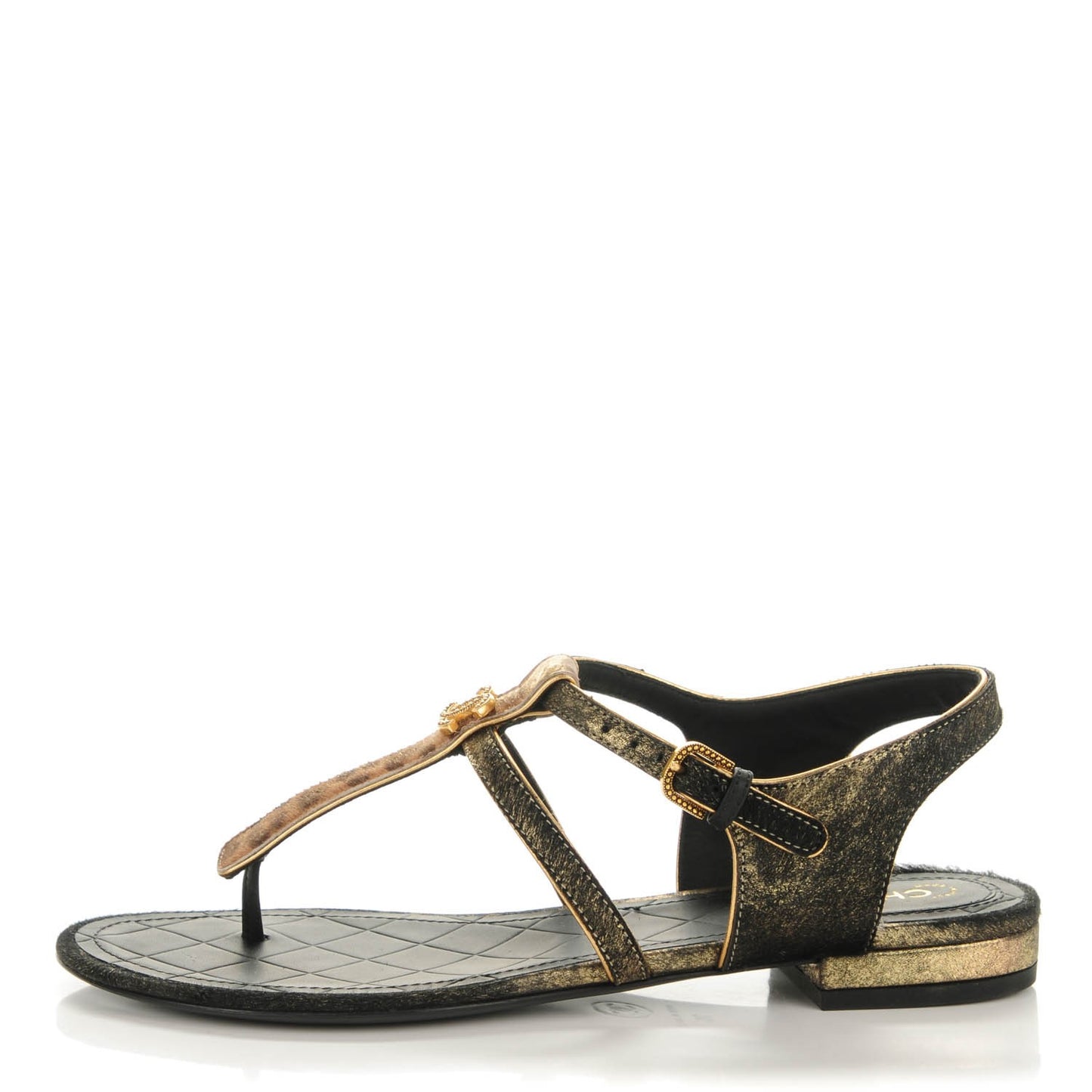 Metallic Calfskin Leopard Print Pony Hair CC Sandals 36 Gold Brown Black