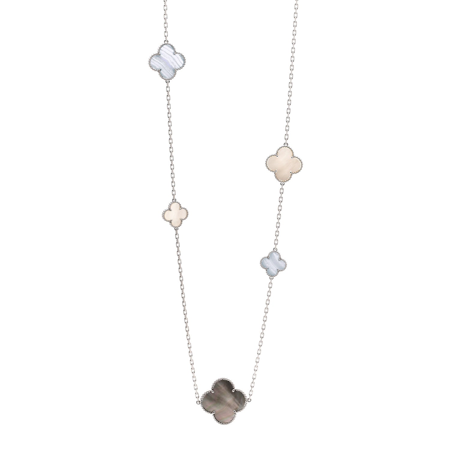 Van Cleef & Arpels 18K White Gold Onyx Mother of Pearl 16 Motifs Magic Alhambra Necklace 1 of 6