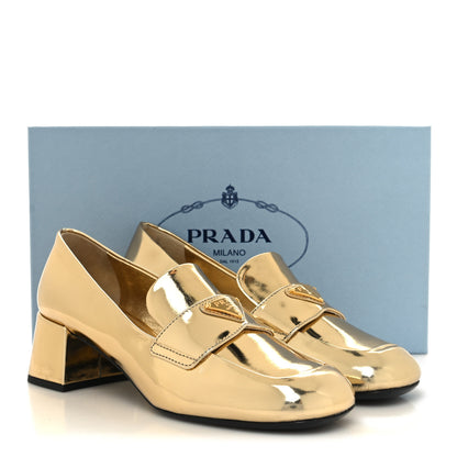 Prada Metallic Patent Metal Triangle Logo 45mm Loafer Pumps 36 Platino 10 of 10