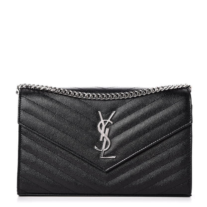 Saint Laurent Grain De Poudre Matelasse Chevron Monogram Chain Wallet Black 1 of 8