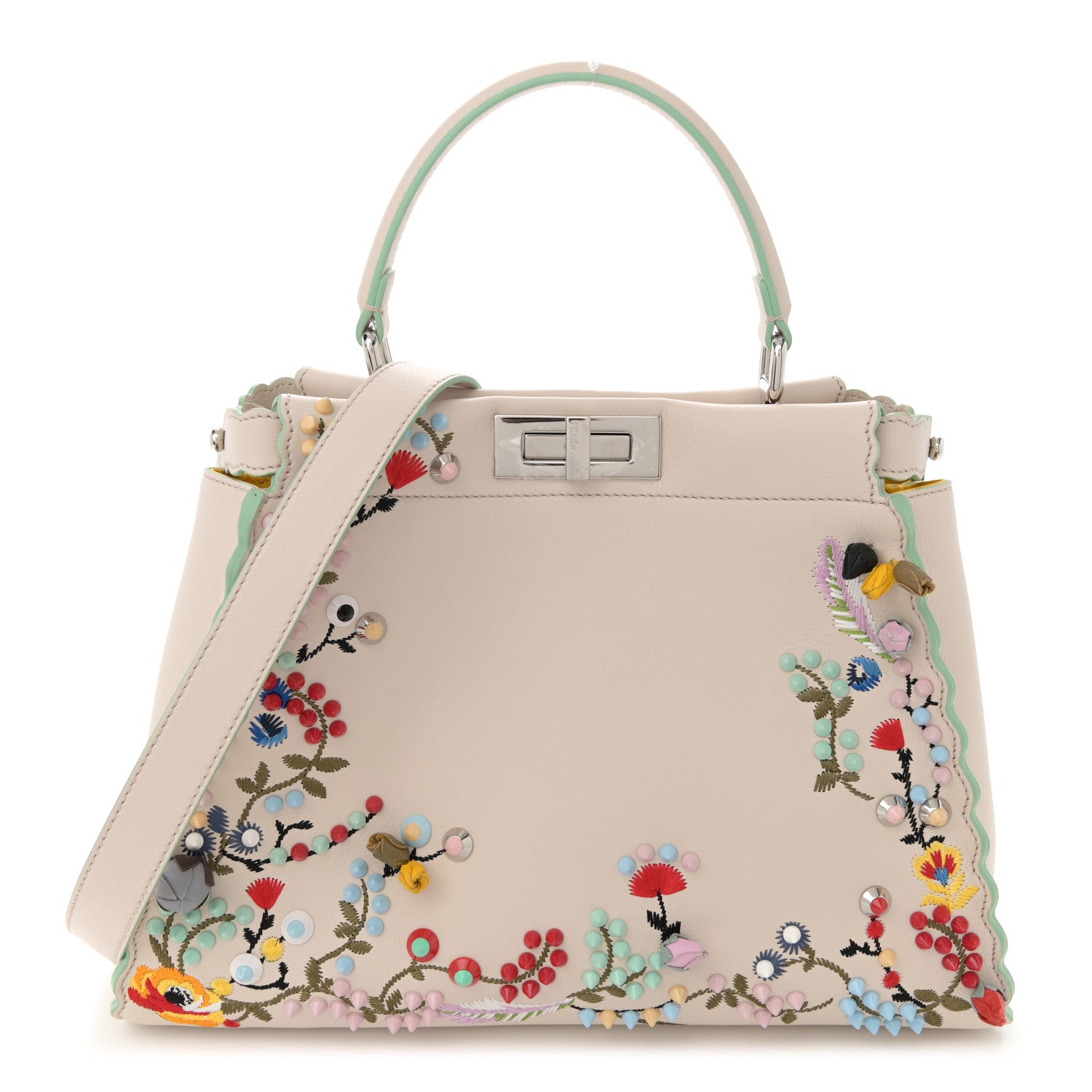 Fendi Vitello Seta Shiny Nappa Pearl Scalloped Studded Floral Embroidered Medium Peekaboo Iconic Satchel Camelia Multicolor 1 of 12