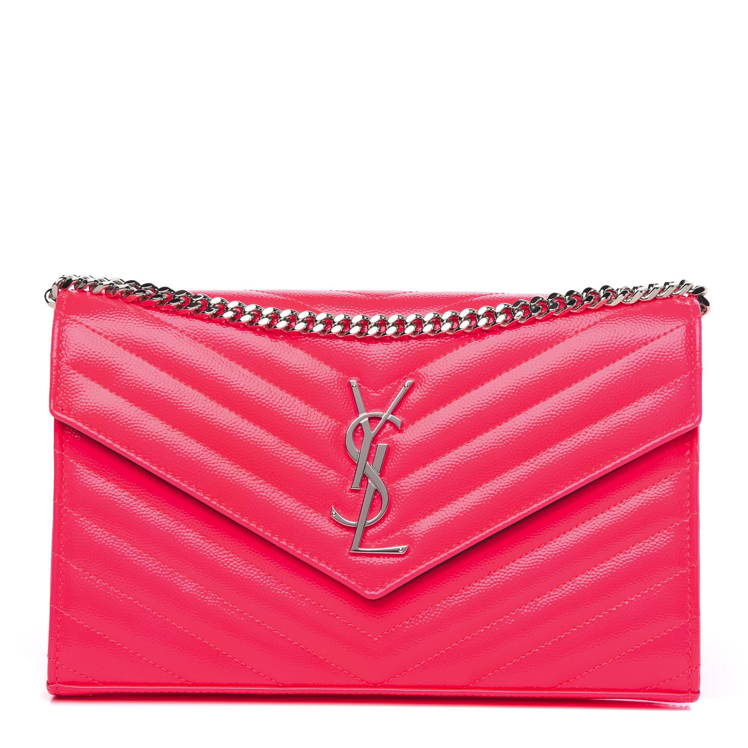 Saint Laurent Patent Grain De Poudre Matelasse Chevron Monogram Chain Wallet Neon Pink 1 of 9