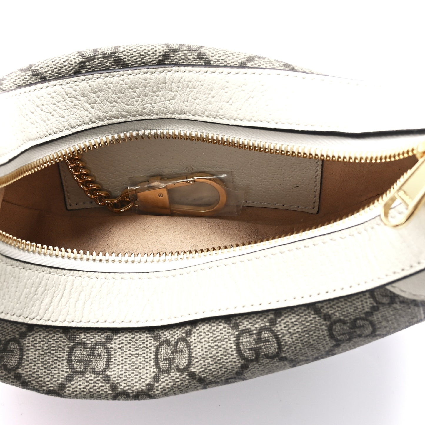 GG Supreme Monogram Textured Dollar Calfskin Web Mini Ophidia Half Moon Hobo Beige Ebony Mystic White