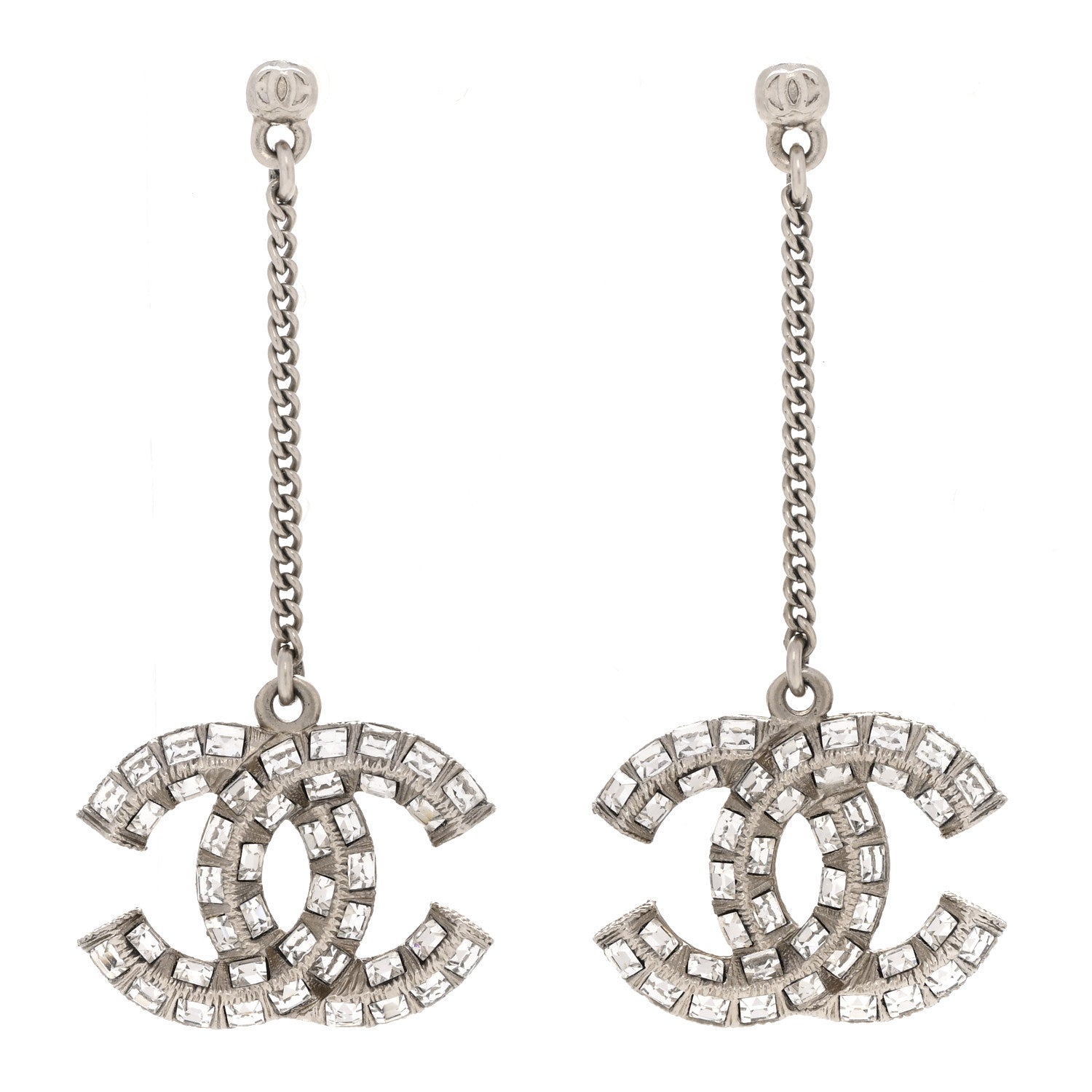 Chanel Baguette Crystal CC Drop Earrings Silver 1 of 5