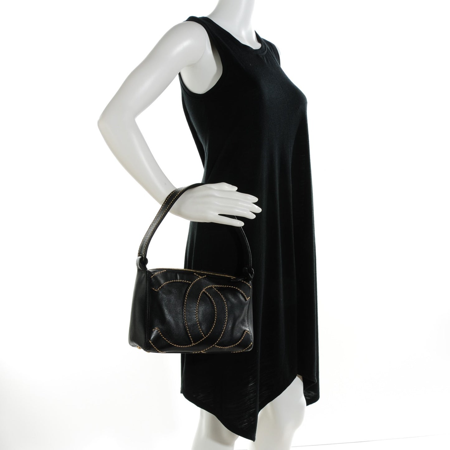 Calfskin Small CC Stitched Shoulder Bag Black