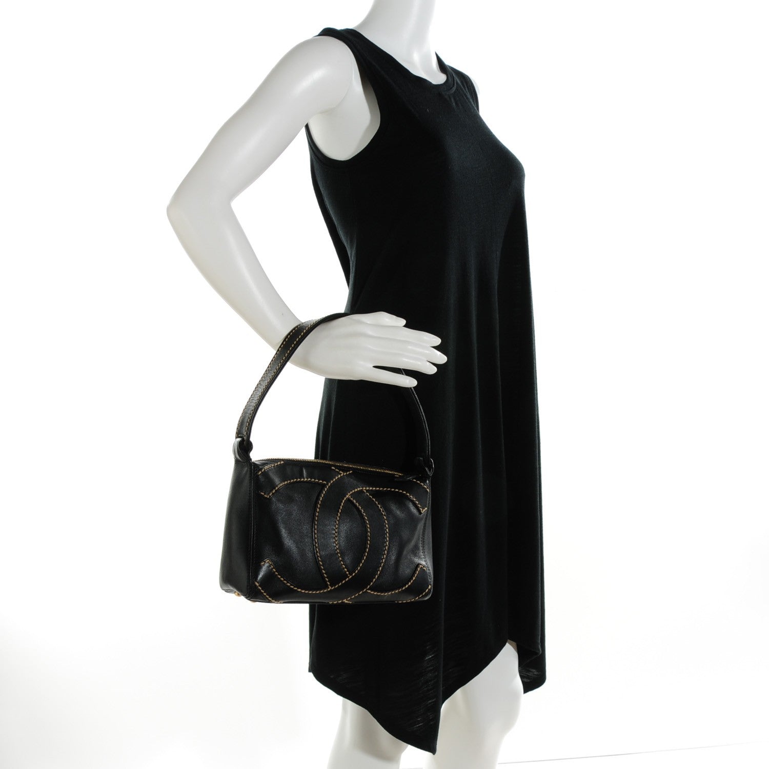 Chanel Calfskin Small CC Stitched Shoulder Bag Black 2 of 7