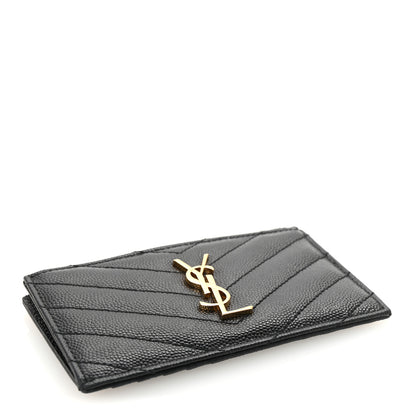 Saint Laurent Grain De Poudre Matelasse Chevron Monogram Fragments Zippered Card Case Black 4 of 6