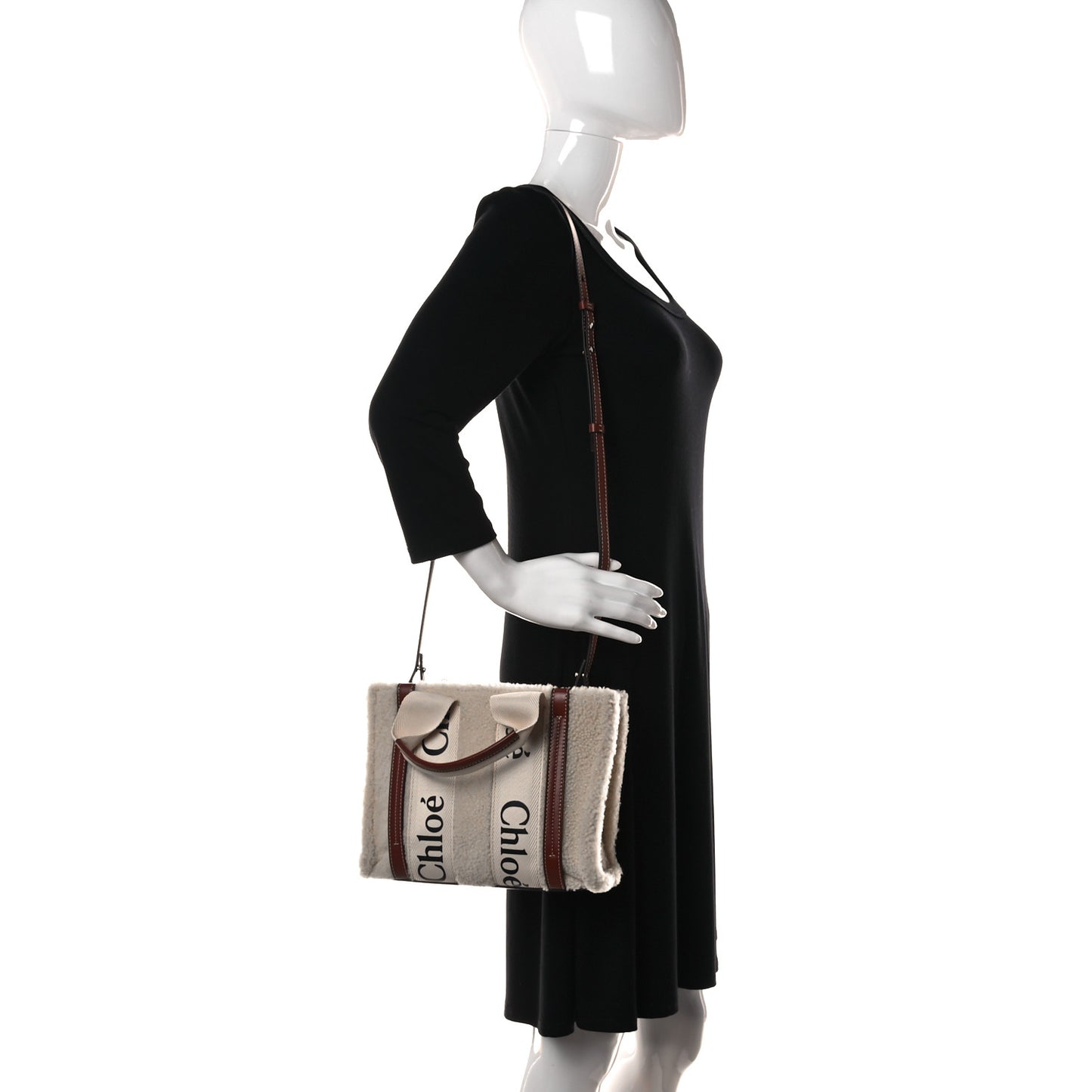 Shearling Calfskin Small Woody Ribbon Tote With Strap Mild Beige