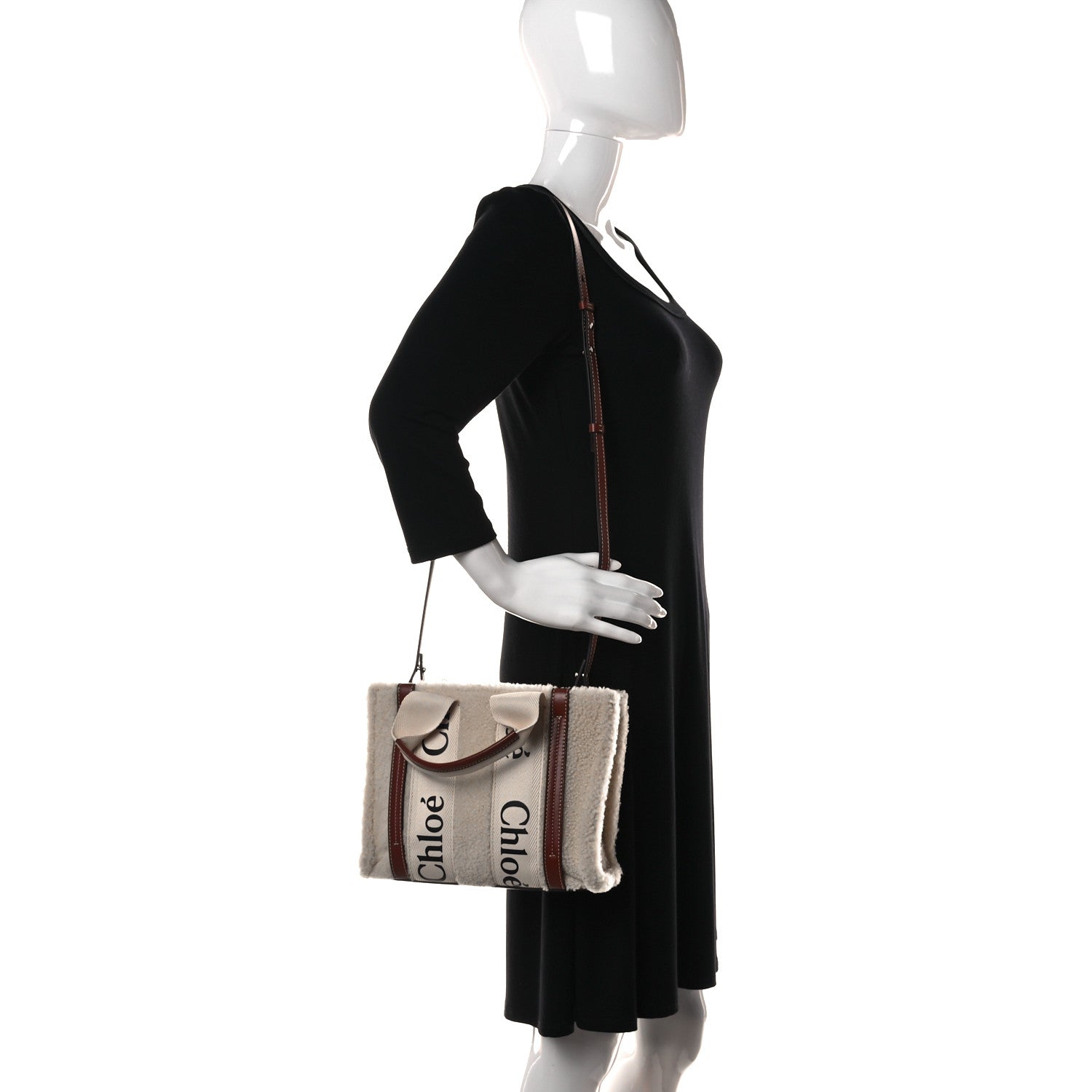 Chloe Shearling Calfskin Small Woody Ribbon Tote With Strap Mild Beige 2 of 15