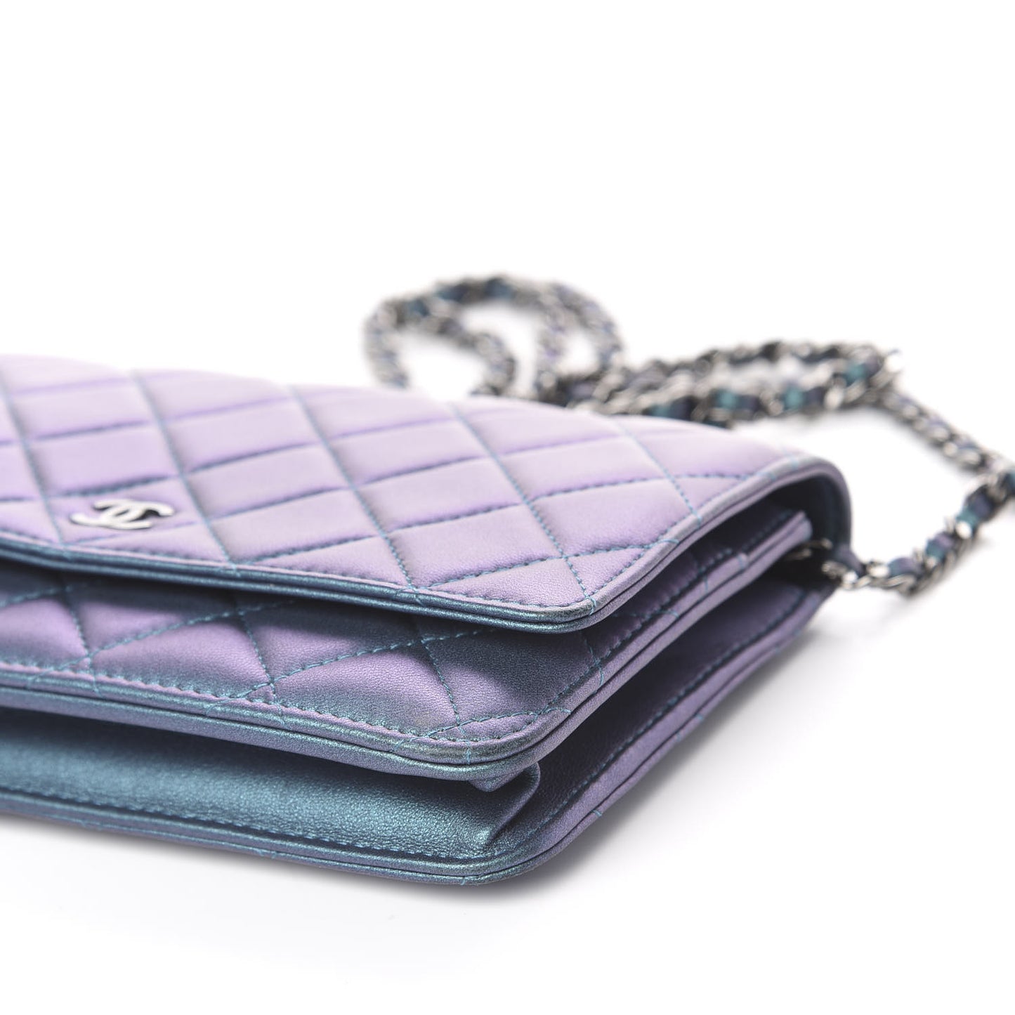 Metallic Lambskin Wallet On Chain WOC Turquoise