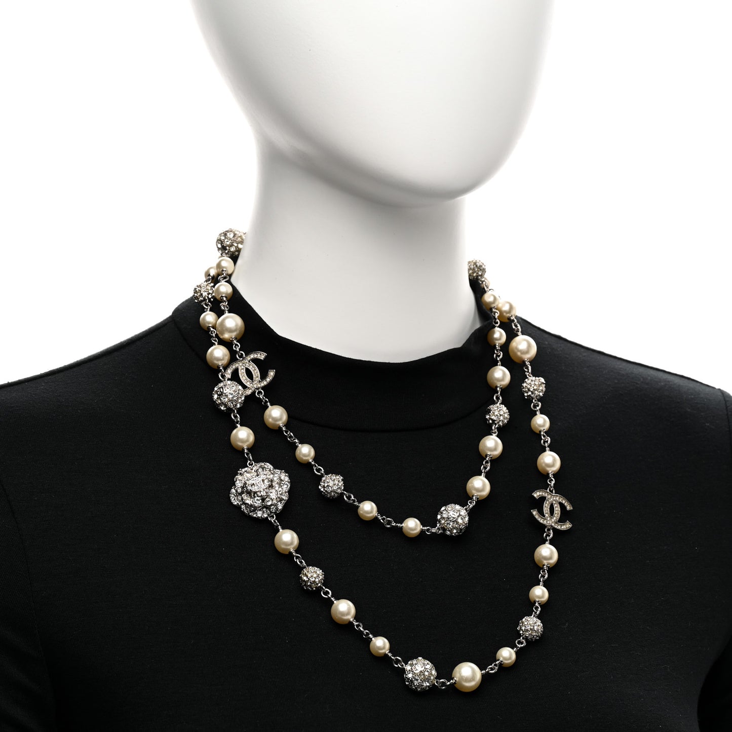 Pearl Crystal CC Camellia Long Necklace Silver