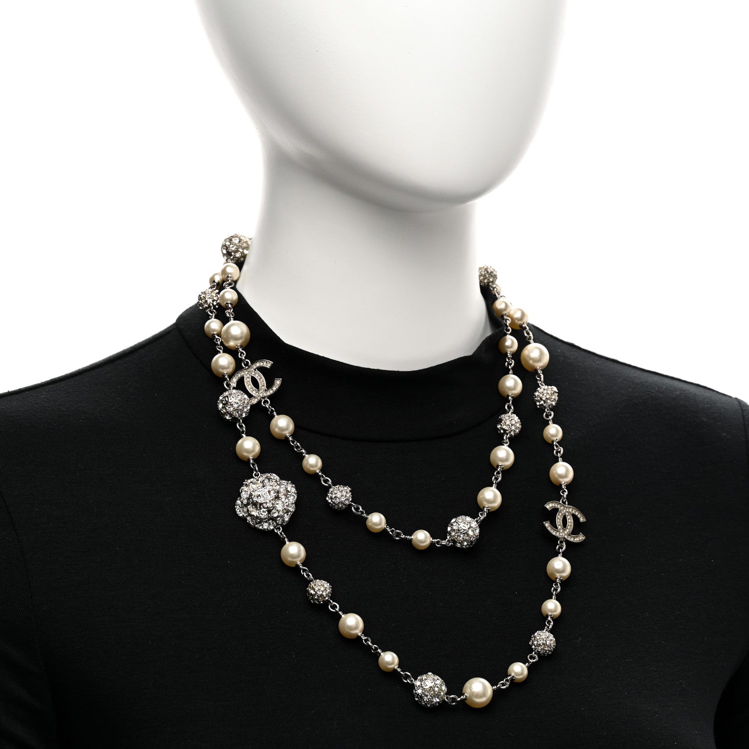 Chanel Pearl Crystal CC Camellia Long Necklace Silver 2 of 6