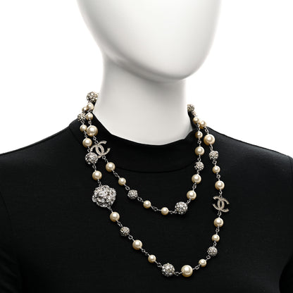 Chanel Pearl Crystal CC Camellia Long Necklace Silver 2 of 6