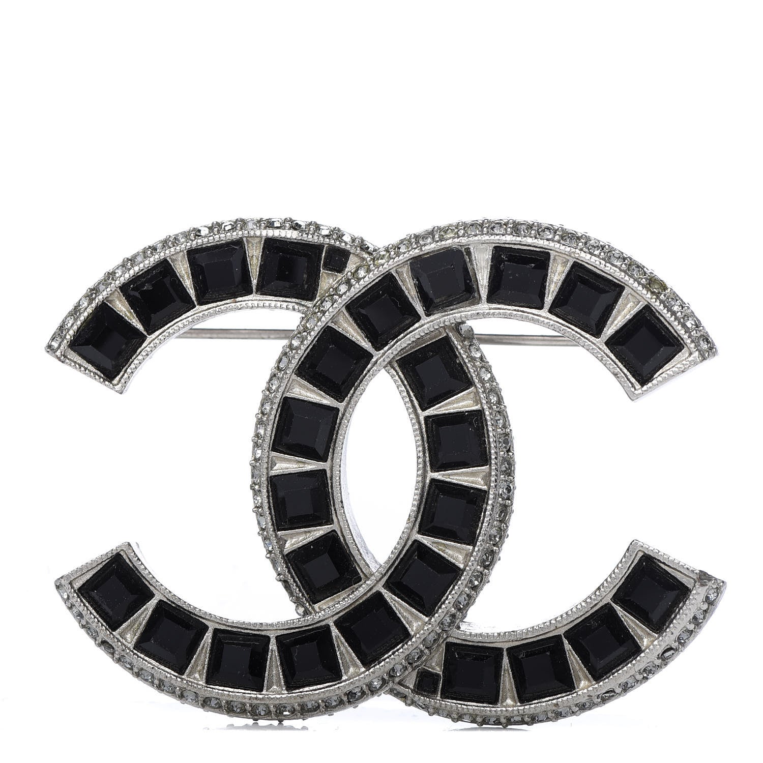Chanel Baguette Crystal CC Brooch Silver Black 1 of 3