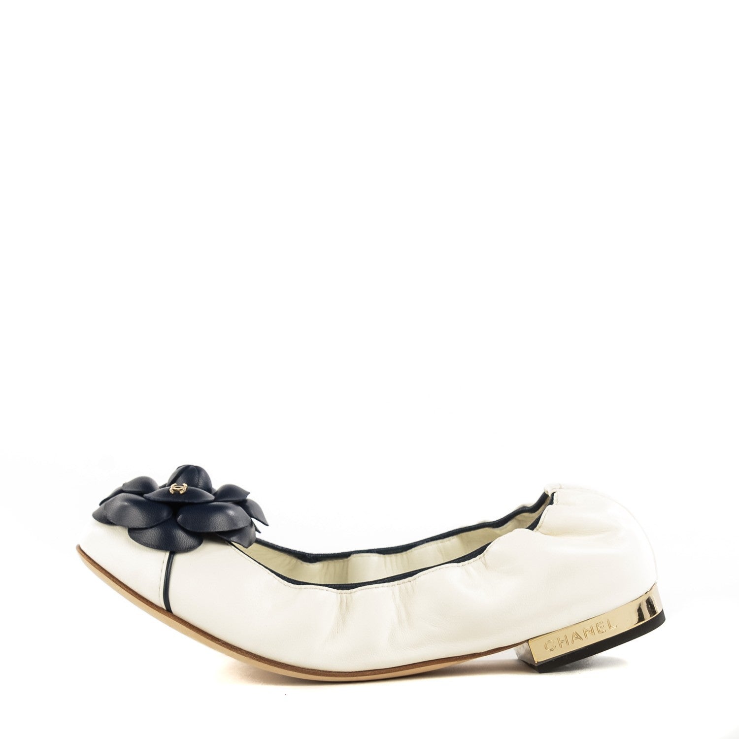 Chanel Lambskin Camellia Cap Toe Ballerina Flats 37.5 White Black 1 of 7